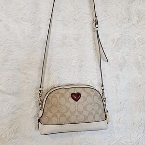 Coach Tan and Cream Crossbody Bag with Red Heart